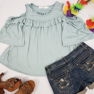 New A.OK Open Shoulder Knit Top Ruffle Detail in Blue Mint  sz M